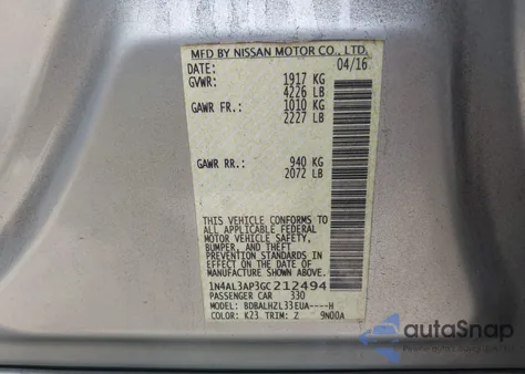 2016 Nissan Altima 2.5 Sr from USA, damaged, VIN 1N4AL3AP3GC212494